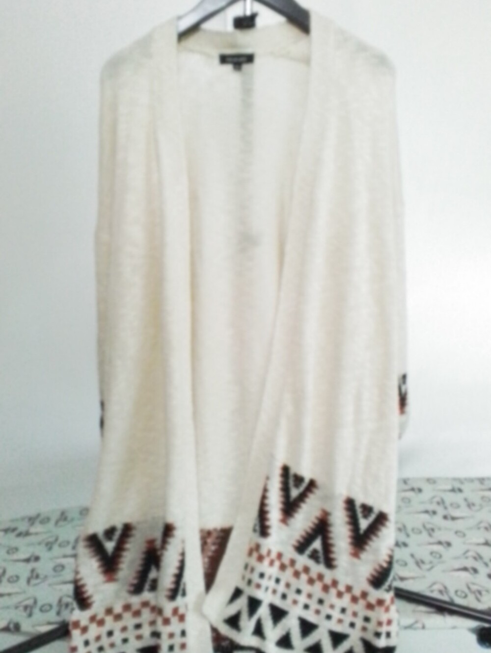 Cream Open-Front Women's Sweater Cardigan with Geometric Trim